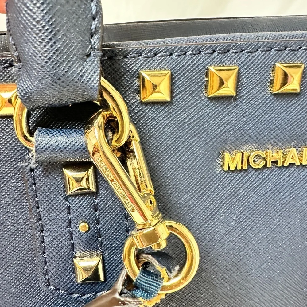 Michael Kors Large TZ SELMA STUD Satchel Bag NAVY Blue Saffiano Leather
